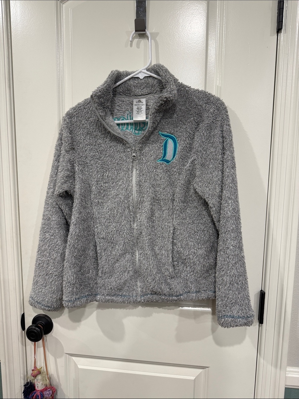 Disney Gray Fuzzy Zip-Up Jacket with Teal 'D' Accent
